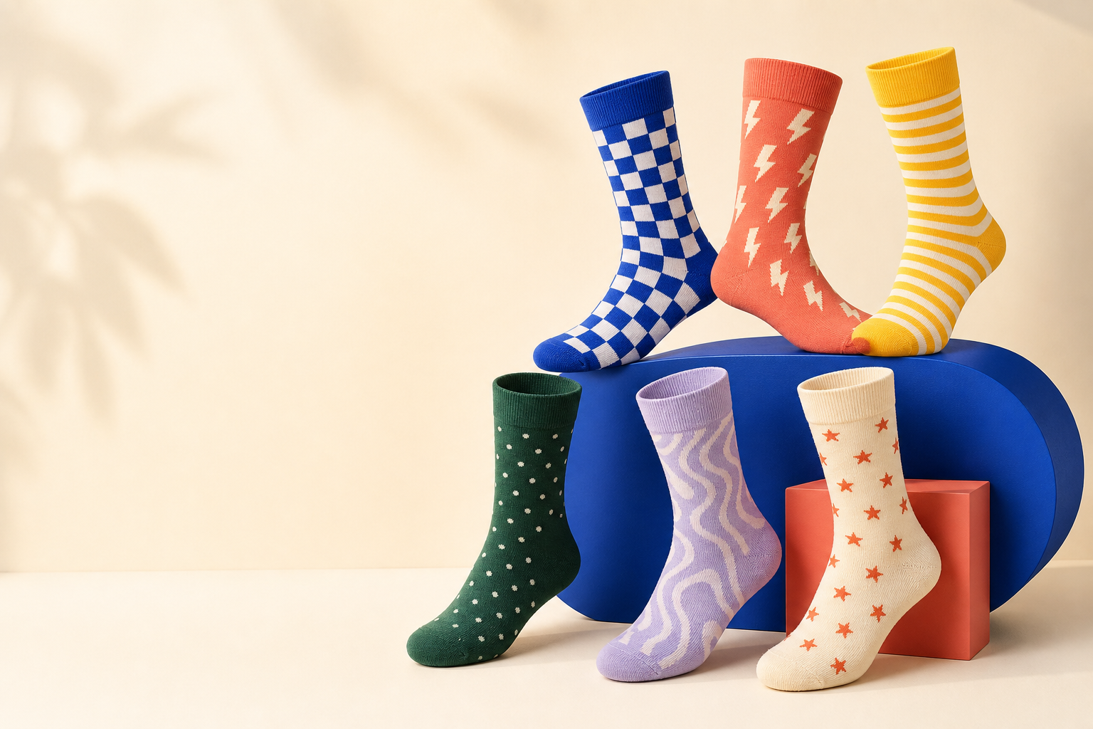 Six colorful custom socks arranged on bold studio plinths