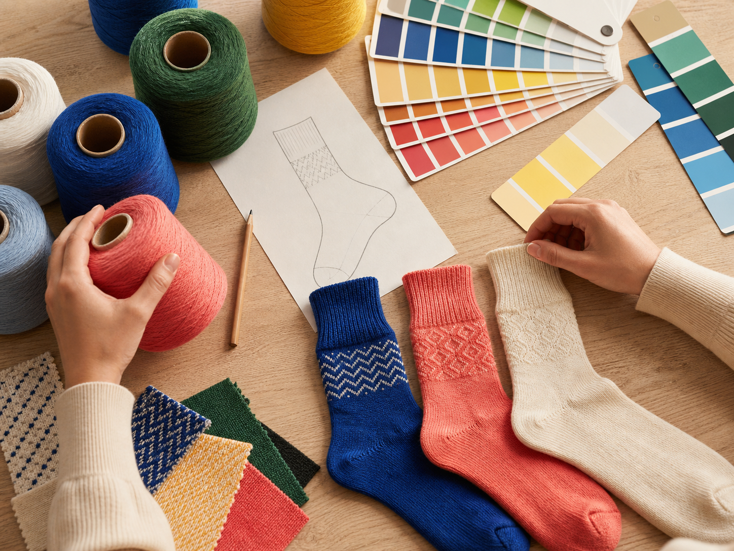 Designer arranging yarn colors, knit samples and custom sock sketches